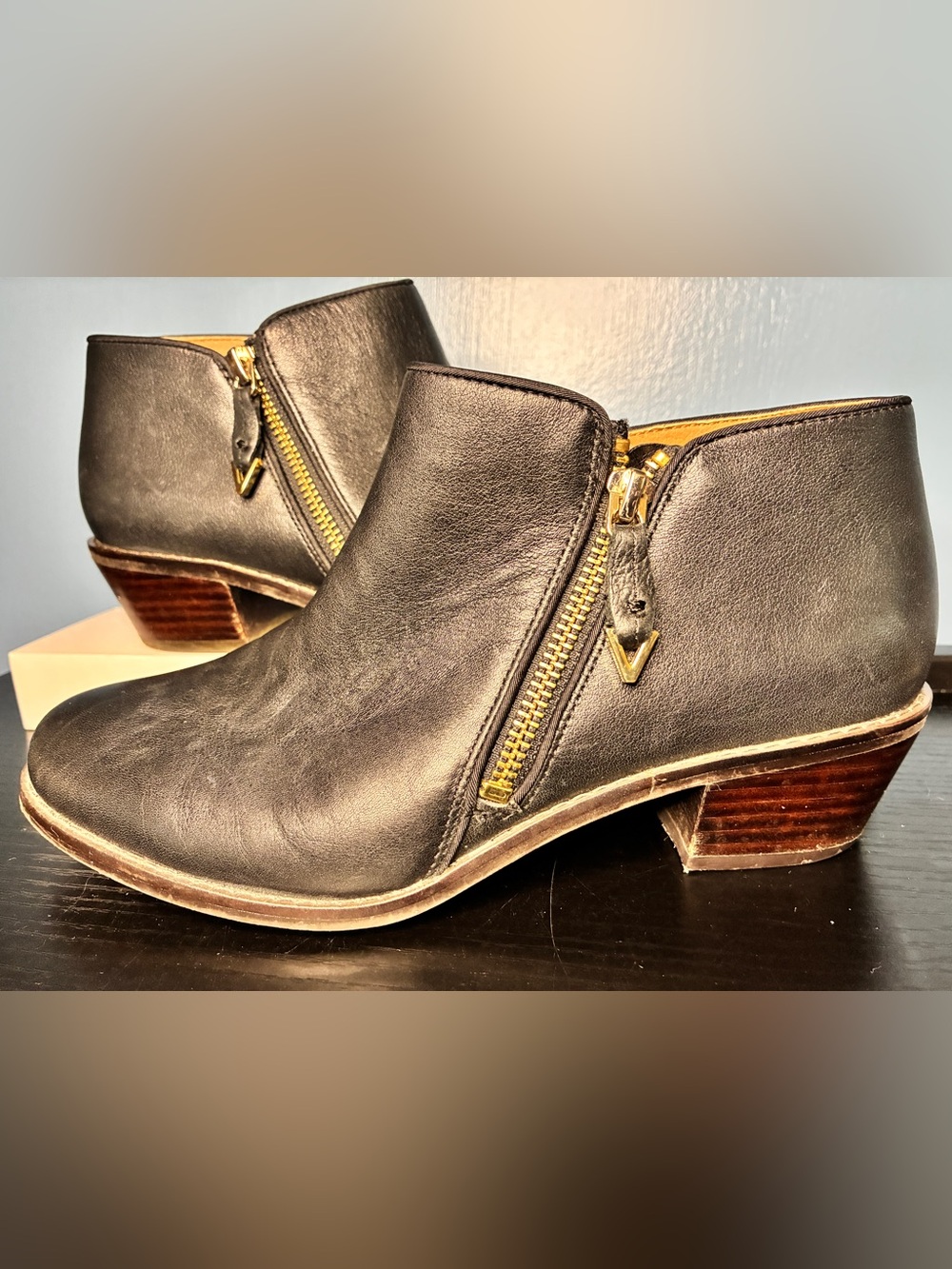 Vionic Black Leather Ankle Booties with Gold Zipper Detail